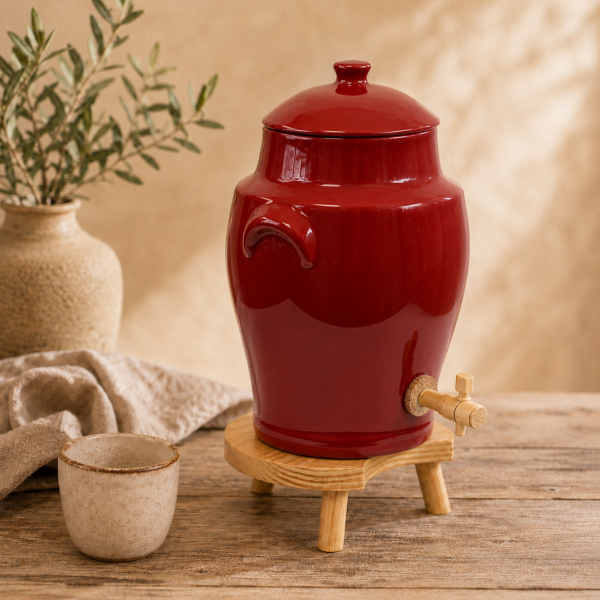 Vinaigrier Rouge Flamboyant en Grès - 4 litres avec son Tabouret en Bois