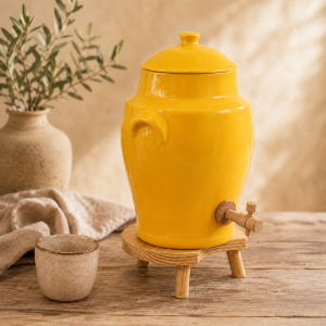 Vinaigrier Jaune Safran en Gr�s - 4 litres avec son Tabouret en Bois