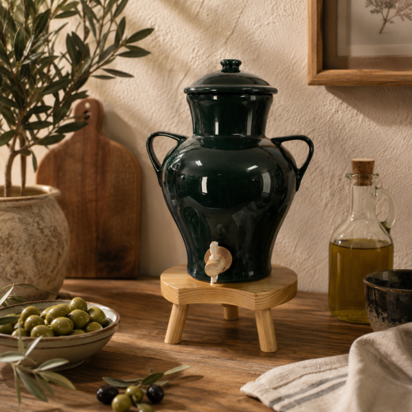 Vinaigrier en Grès Vert 2,5 L avec Tabouret en Bois