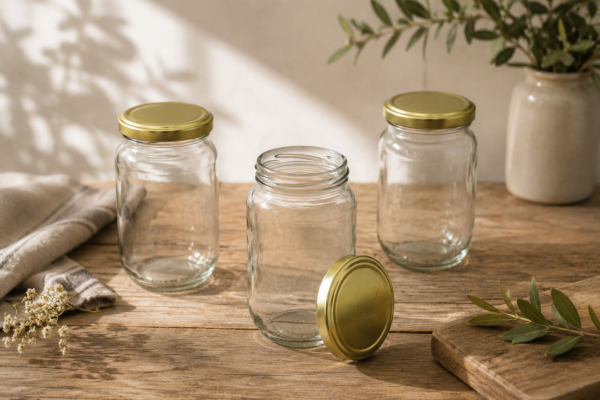 Pack de 6 pots en verre cylindriques 385 ml (380 g) – couvercles dorés TO63