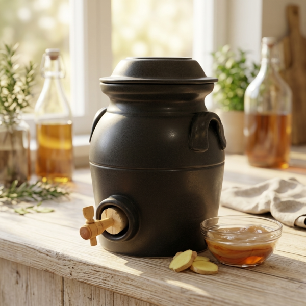 Vinaigrier Gris Anthracite en Grès - 3,5 litres avec son Tabouret en Bois