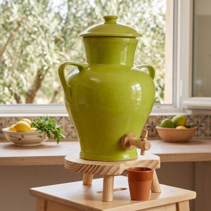 Vinaigrier Vert Grès Naturel - 2,5L - Tabouret en Bois