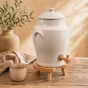 Vinaigrier en Gr�s Naturel - 4 litres avec son Tabouret en Bois