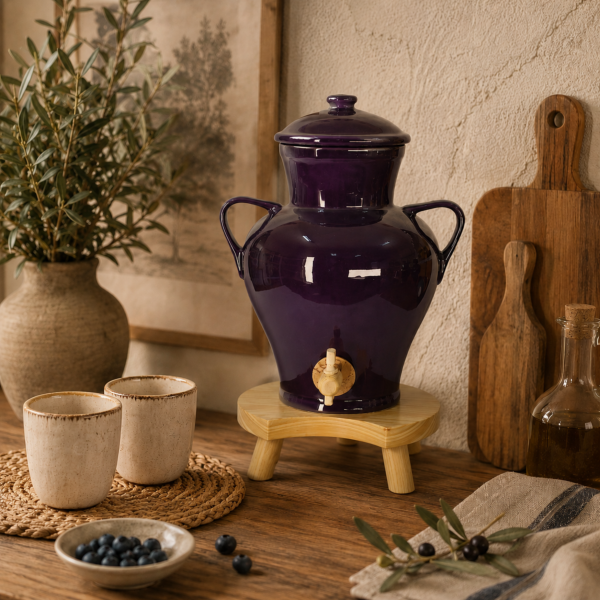 Vinaigrier en Grès Aubergine 2,5 L avec Tabouret en Bois