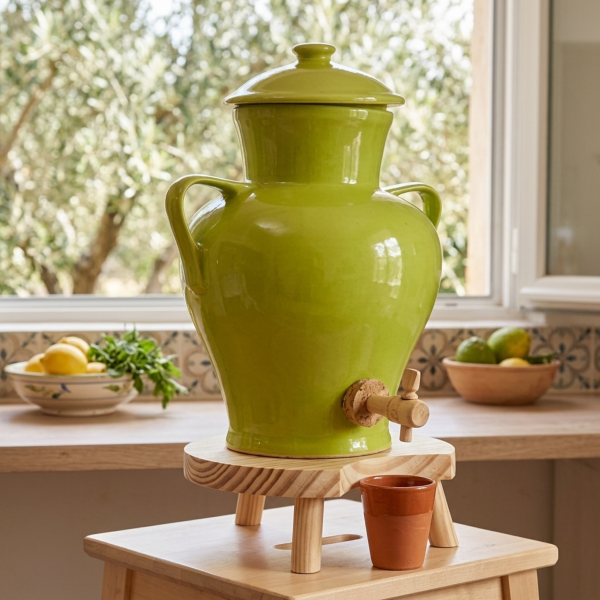 Vinaigrier Vert Grès Naturel - 2,5L - Tabouret en Bois
