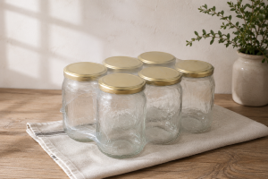 Pack de 6 pots en verre cylindriques 385 ml (380 g) – couvercles dorés TO63