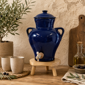 Vinaigrier en Grès Bleu Volubilis 2,5 L avec Tabouret en Bois
