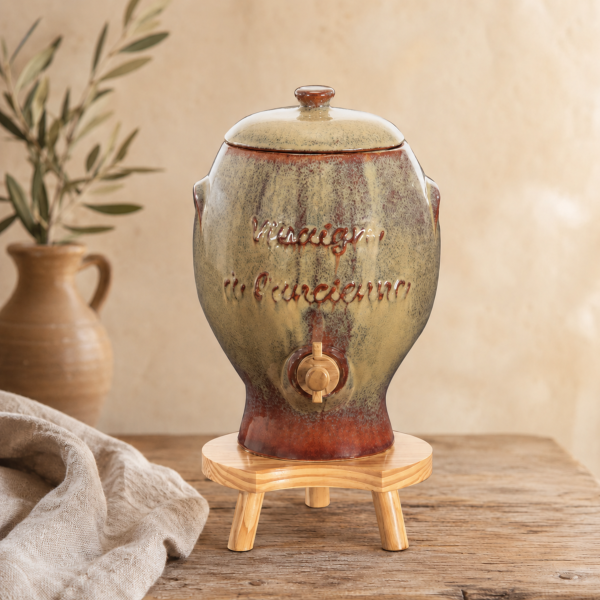 Vinaigrier en Grès à l’Ancienne - Couleur Grès - 4 litres avec son Tabouret en Bois