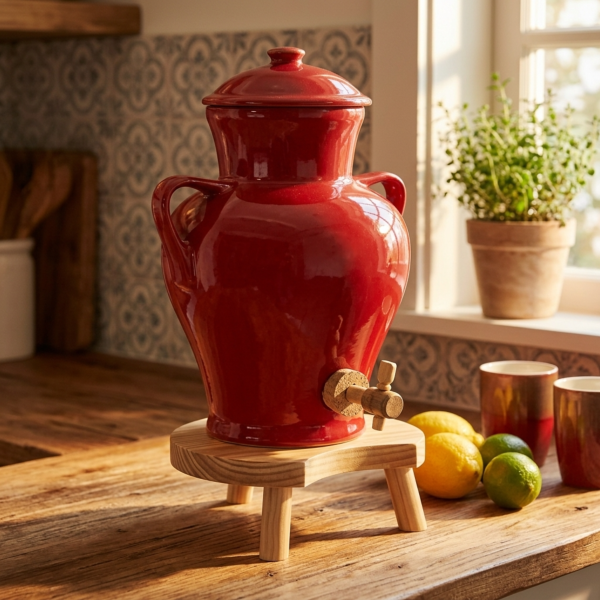 Vinaigrier Rouge en Grès Naturel - 2,5 litres avec son Tabouret en Bois