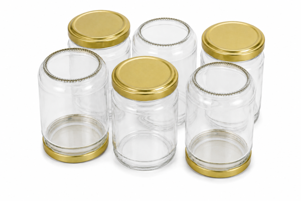 Pack de 6 pots en verre cylindriques 212 ml (200 g) – couvercles dorés TO63