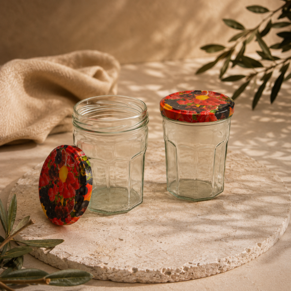 Pack de 4 pots à confiture 645 ml – couvercles décor fruits TO82