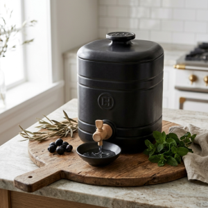 Vinaigrier Design Emile Henry Noir Mat 2,5 Litres avec Robinet Bois et Coupelle en Céramique