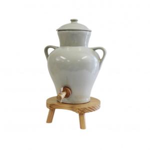 Vinaigrier en Grès Blanc Camélia 2,5 L avec Tabouret en Bois
