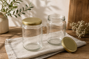 Pack de 6 pots en verre cylindriques 750 ml (750 g) – couvercles dorés TO82