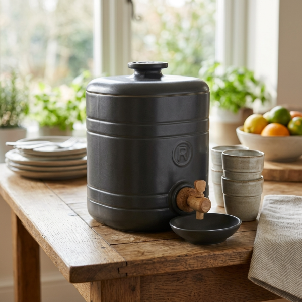 Vinaigrier Design Emile Henry Anthracite 2,5 Litres avec Robinet Bois et Coupelle en Céramique