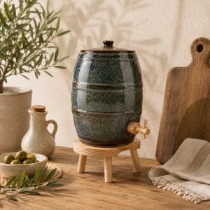 Vinaigrier Tonneau en Grès à l’Ancienne - Couleur Grès 5 litres avec son Tabouret en Bois