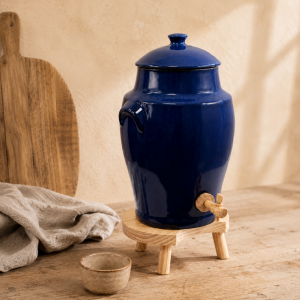 Vinaigrier Bleu Provence en Gr�s - 4 litres avec son Tabouret en Bois