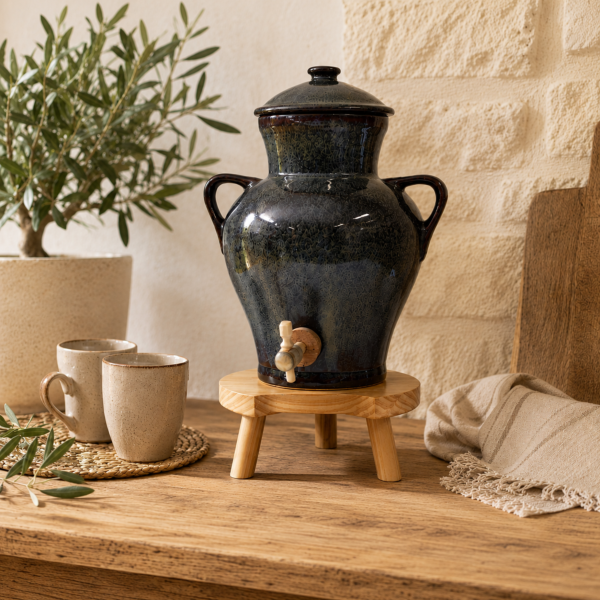 Vinaigrier en Grès Vert Sauge 2,5 L avec Tabouret en Bois — Duhallé